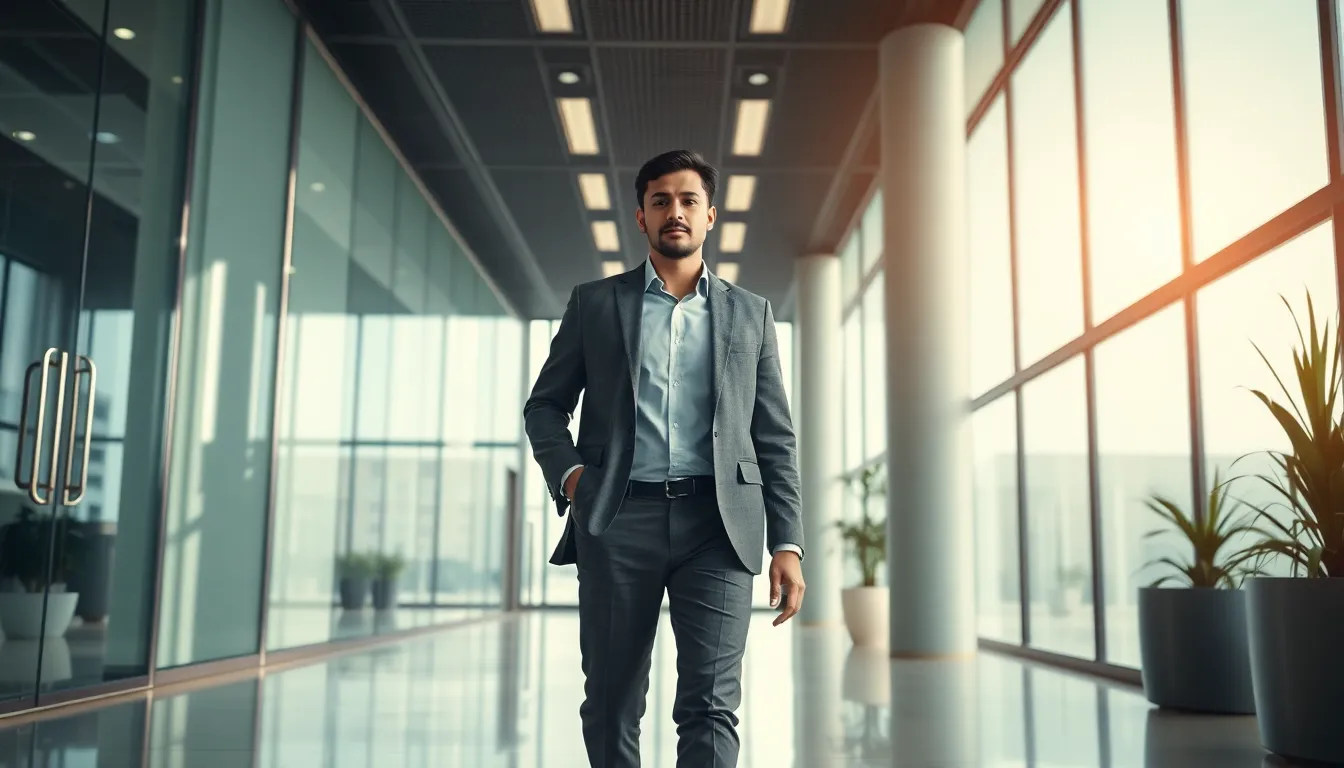 A person confidently walking into a modern office building