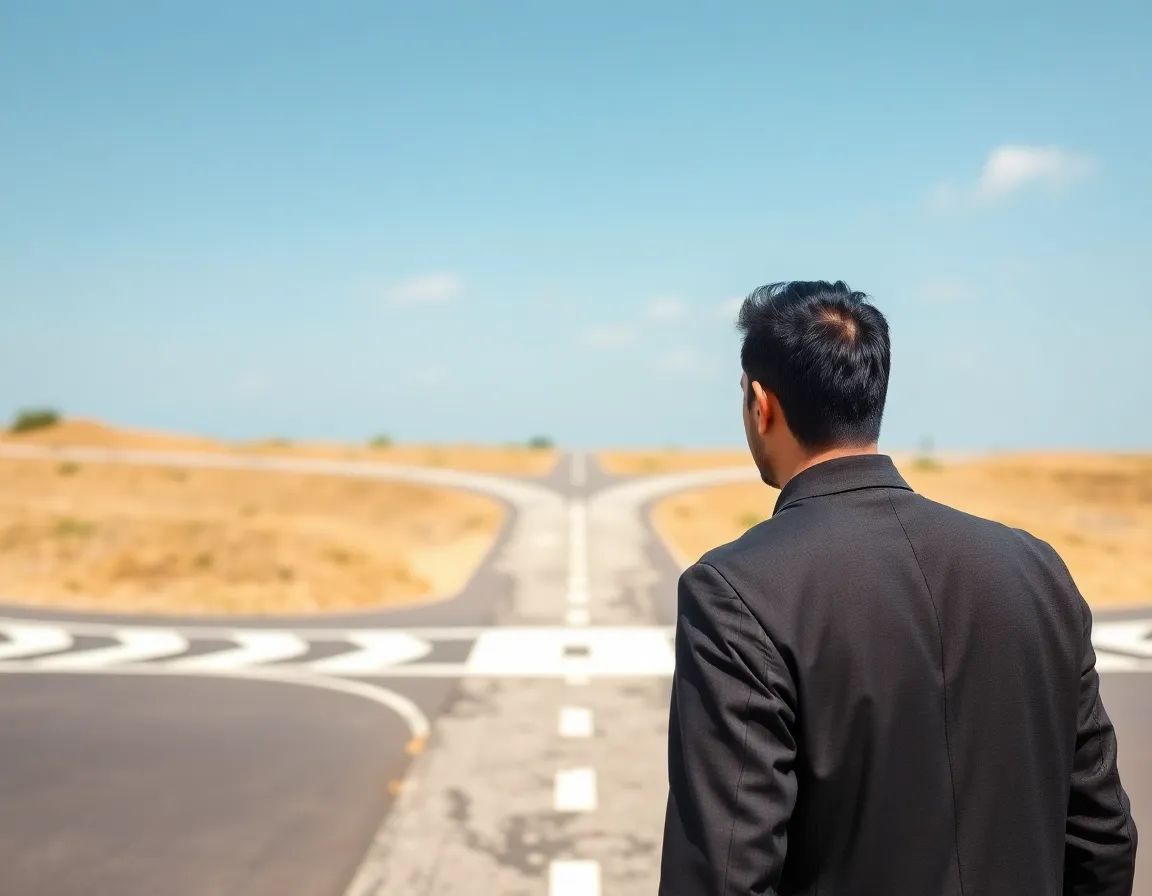 A person looking at a crossroads, symbolizing a career transition
