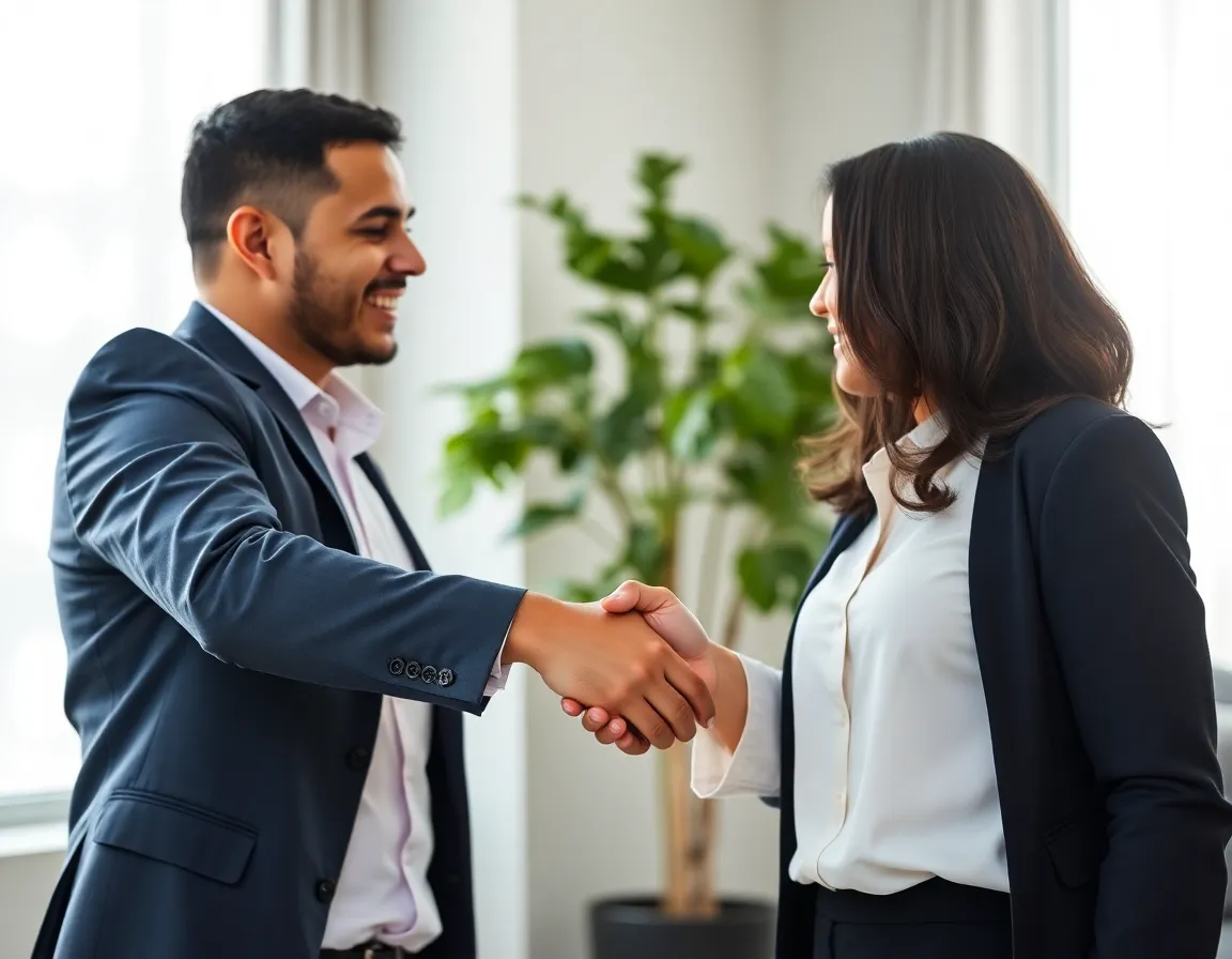 Two professionals shaking hands after a successful salary negotiation